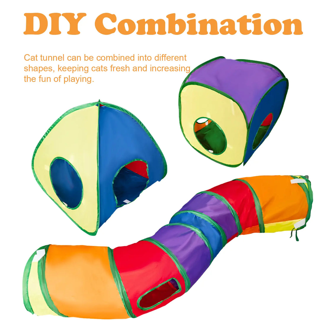 Collapsible Cat Tunnel & Cubes Combo - Polyester Fiber, Collapsible Frame, Colorful Look, Creative Shape, Magic Stickers, Play Ball, Peek Holes, Interactive Play & Rest Functionality, Zipper Bag for Indoor Cats,Summervibes