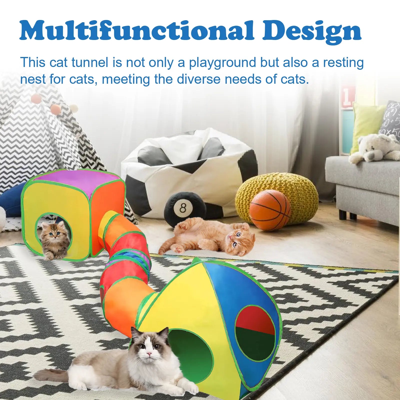 Collapsible Cat Tunnel & Cubes Combo - Polyester Fiber, Collapsible Frame, Colorful Look, Creative Shape, Magic Stickers, Play Ball, Peek Holes, Interactive Play & Rest Functionality, Zipper Bag for Indoor Cats,Summervibes
