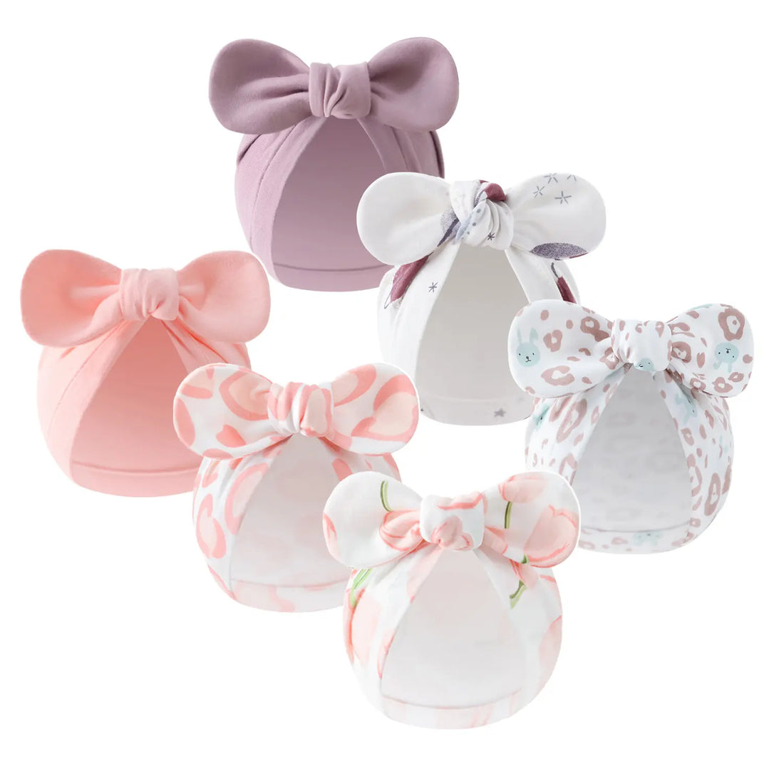 Set of 6 Cute Baby Bow Hats - Soft Pastels and Floral Patterns, Breathable Warm Winter Hats for All Seasons for Girls, Comfortable Fit, Wedding and Everyday Accessories, with Elegant Bow Closure, Available in Multiple Colors Newborn Baby Turban Hats Set