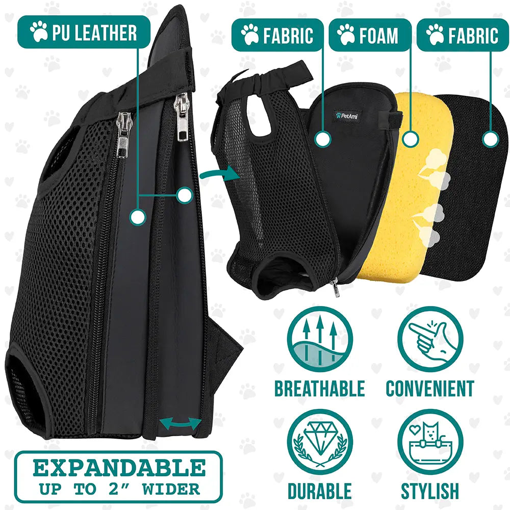 Petami Dog Carrier Backpack, Adjustable Dog Pet Cat Front Carrier Backpack | Ventilated Dog Chest Carrier for Hiking Camping Travel, Sling Bag for Small Medium Dog Cat and Puppies